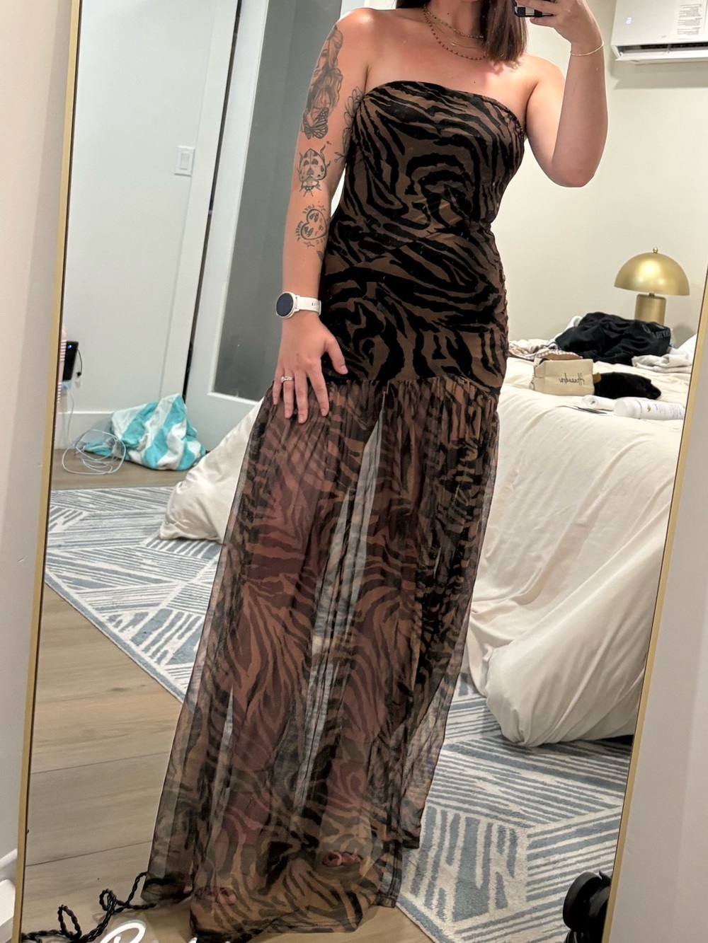 Strapless Black & Brown Animal Print Maxi Dress